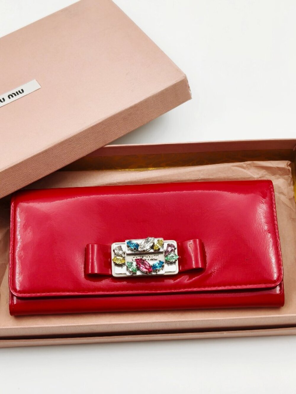 Miu Miu Vernice Cristal Red Patent Leather Crystal Bow Flap Long Wallet Italy